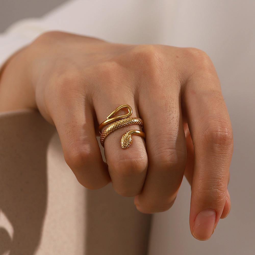 Yori Waterproof Stainless Steel Charm Snake Ring Statement Texture Adjustable Golden Personality Jewelry Accessories