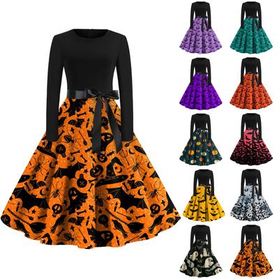 Halloween Print Flare Dress For Women Long Sleeve Dress Hollow Party Casual Dresses