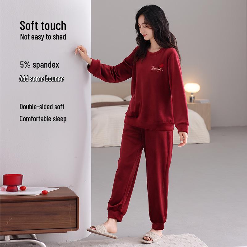 Women's Cozy Red Coral Fleece Homewear - Festive Casual Style for Autumn & Winter