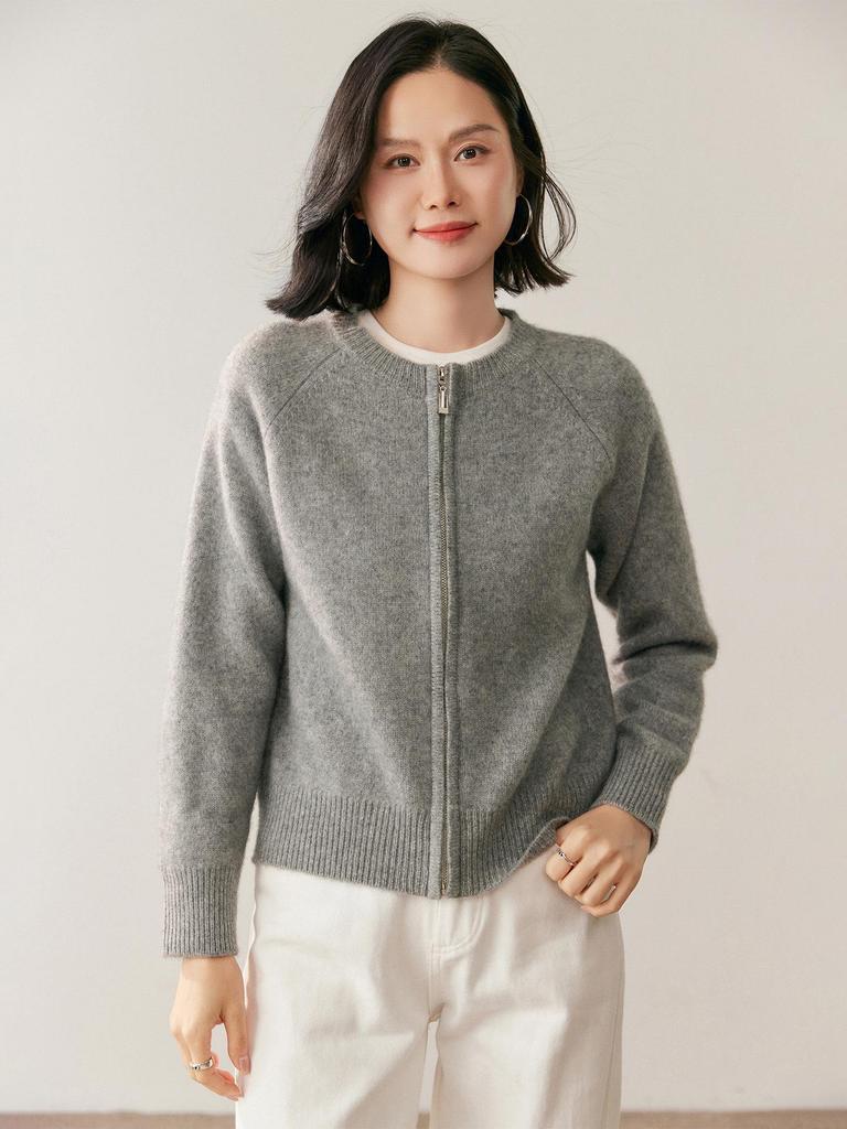 Women's Cashmere Round Neck Zipper Cardigan - Autumn/Winter Collection: Thick, Solid Color, Short, Loose Knit
