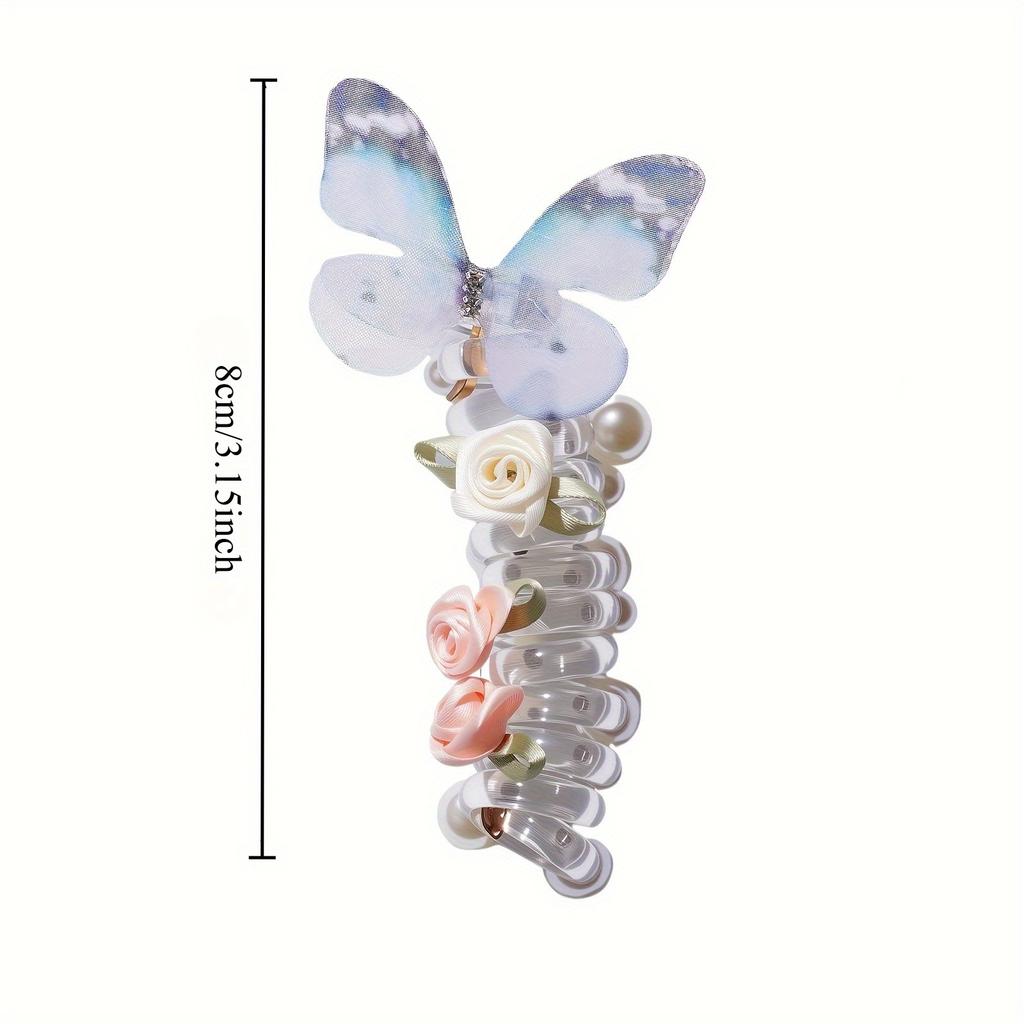 4pcs Vintage Butterfly Telephone Cord Hair Ties for Women - High Elasticity, No Crease Spiral Ponytail Holders with Flowers