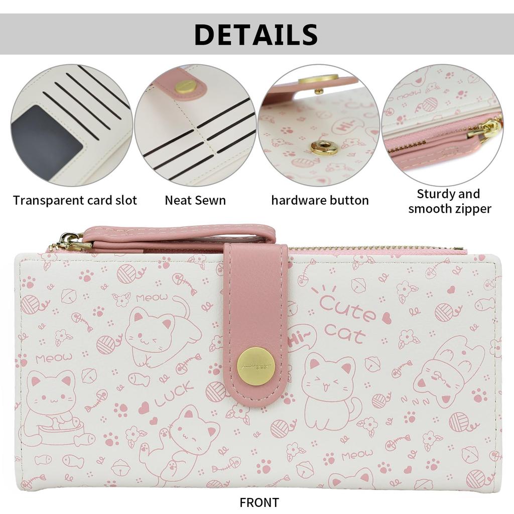 Farcauo Damen Bifold Geldbörse, Beliebt und Niedlich, Kompakte Rosa Katze Muster Geldbörse mit Münzfach für Mädchen