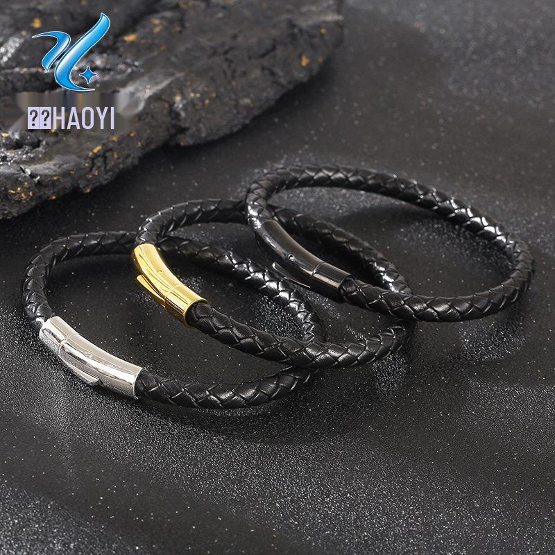 Men's Leather Rope Bracelet with Stainless Steel Snap Button - Minimalist and Trendy Design