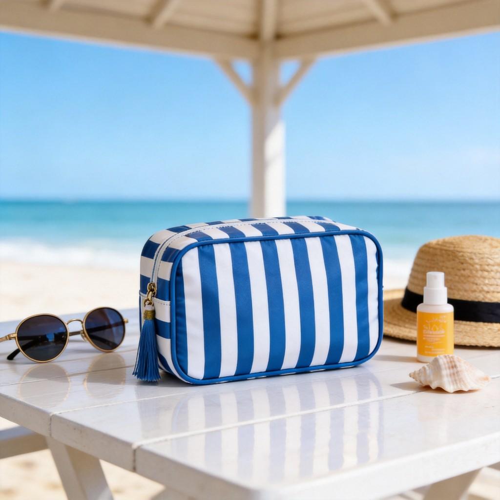 Polyester Striped Makeup Bag With Tassels For Daily Use And Travel Storage