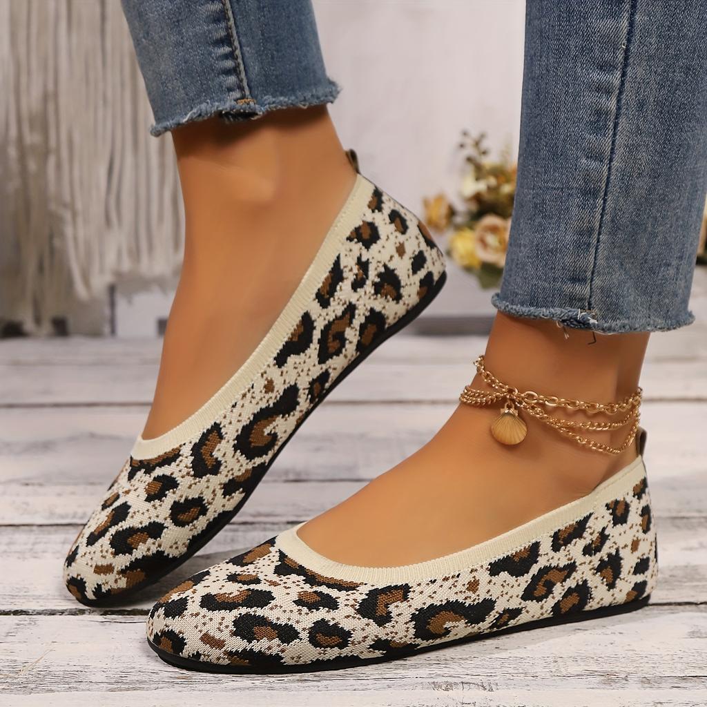 Women's Leopard Print Knit Ballet Flats - Comfortable Slip-On Shoes with Soft Fabric Interior and TPR Sole, Ideal for All Seasons