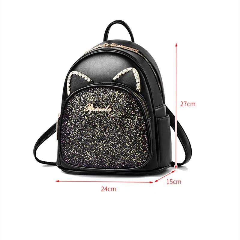 New Sequin Women Backpack 2022 Rhinestone Lovely Cat Women's Female Leather Backpack School Bags Korea Dual-use Shoulder Bags