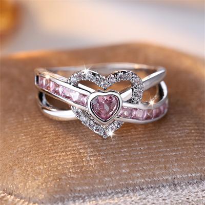 Braut Liebe Herz Eheringe Silber Farbe Rosa Weiß Zirkon Versprechen Verlobungsringe Für Frauen Luxus Valentinstag Schmuck