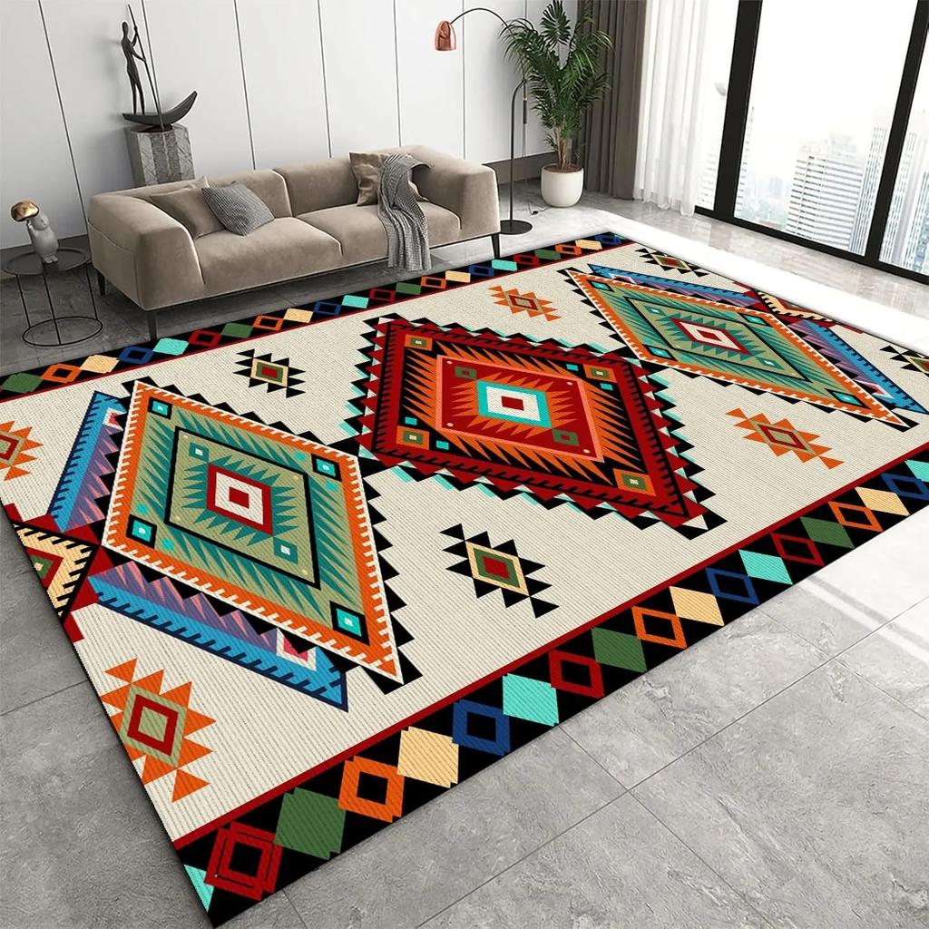 Totem Pattern Ethnic Geometric Carpet - Living Room Carpet Decoration Bohemian Style Bordered Colorful Geometric Floor Carpet