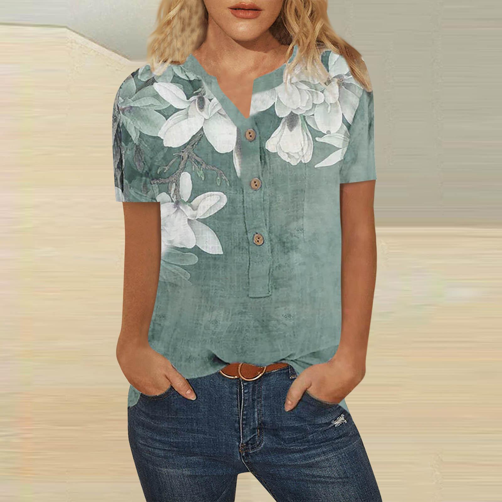 

Женская повседневная модная хлопково-льняная женская рубашка с коротким рукавом с принтом L зелёный