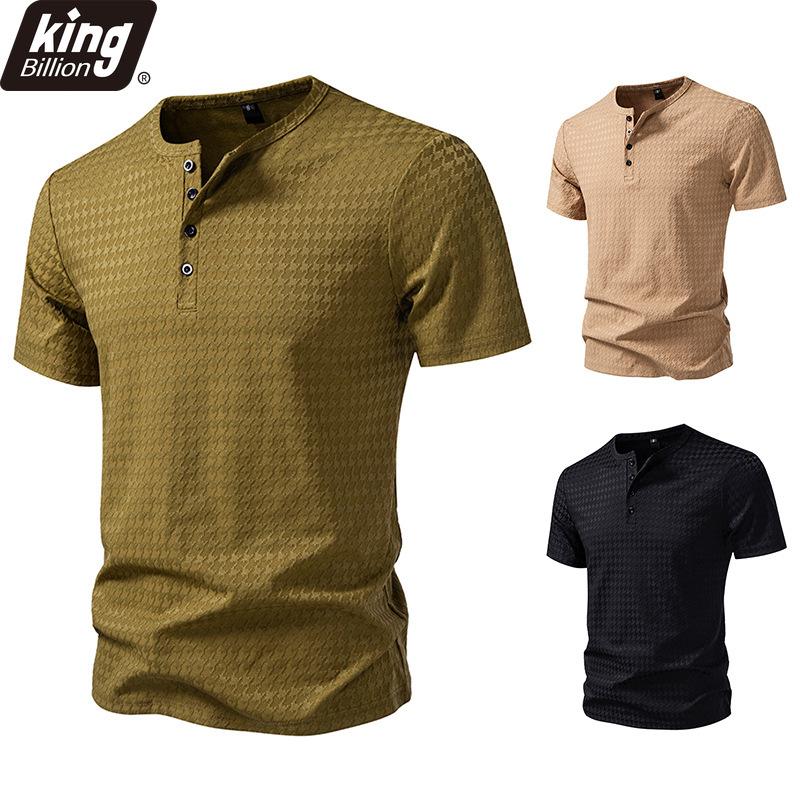 Men's Houndstooth Jacquard Henley T-Shirt - 4-Button Placket Short Sleeve Casual Slim Fit Daily Tops In 3 Versatile Color Options