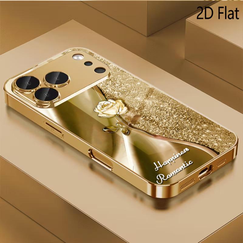Golden Rose Patterned tempered glass design for iPhone16 17 ProMax 1514 1312 11ProMax Phone Case Camera Cover Shockproof Hard Ba