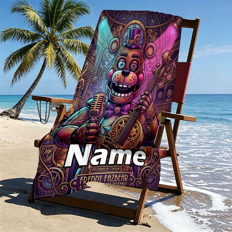 Personlig tilpasset strandhåndkle med navn, Five Nights at Freddy's-trykk, for reise, camping, strandfest, hjemmedekor, bursdagsgave til familie og venner