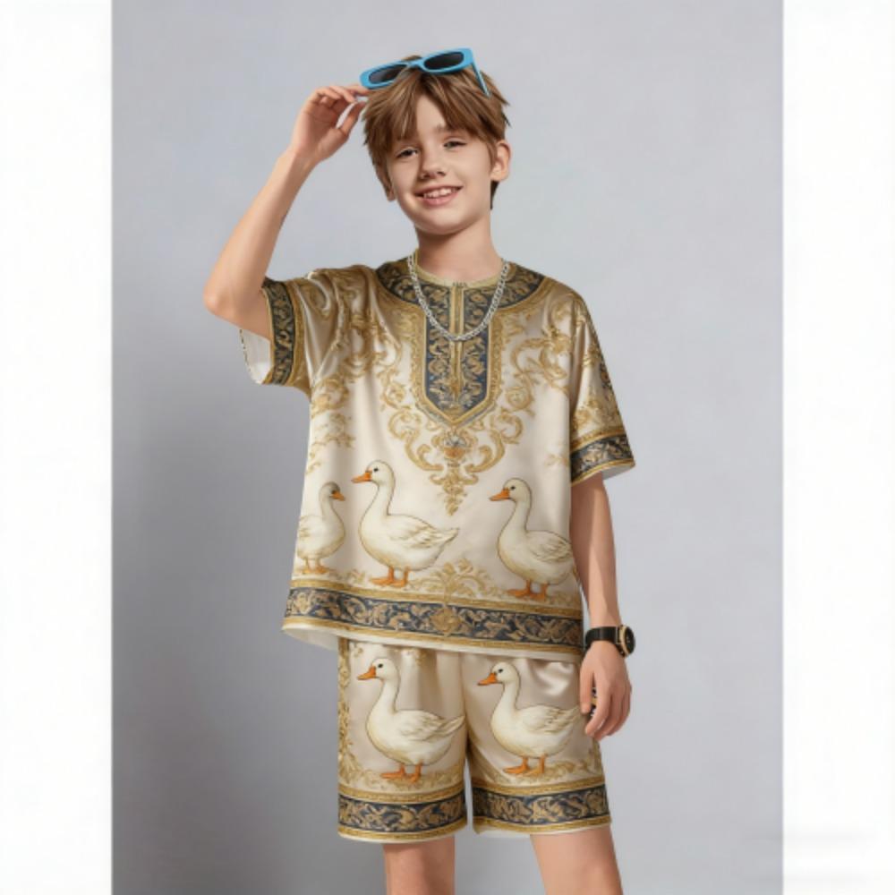 Summer Kids Set Fun Animal Duck Printed Kids T-shirt and Shorts 2 Piece Set Summer Casual Outdoor Boys and Girls Outfit Kids Clothing