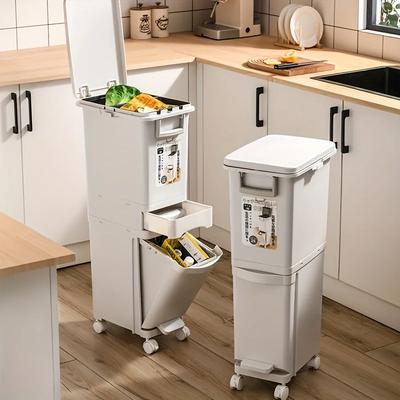 Poubelle 29L/32L Grand Double Compartiment Pédale Bac en Plastique Durable Séparation Sec/Humide Couvercle Sécurisé Gestion des Déchets de Cuisine