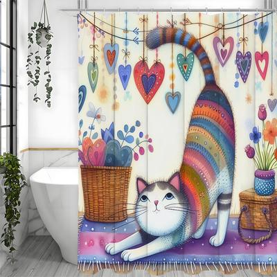 Cortina de ducha con lindo collage de flores y hierba y un gato enamorado, cortina de ducha decorativa para baño, cortina de ducha impermeable con ho
