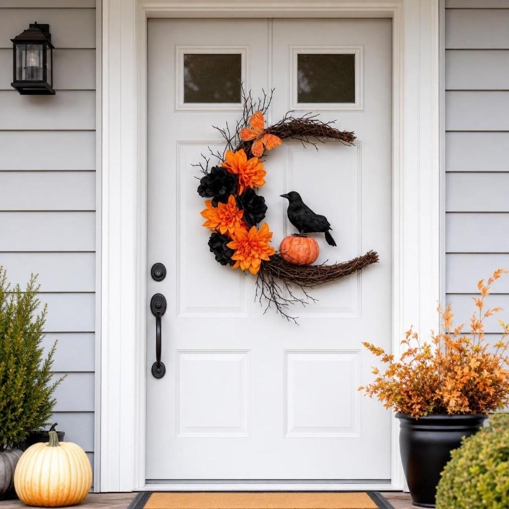 Plastic Cat Crow Wreath Gothic Style Artificial Flower Garland Halloween Wreath Window Wall Decor