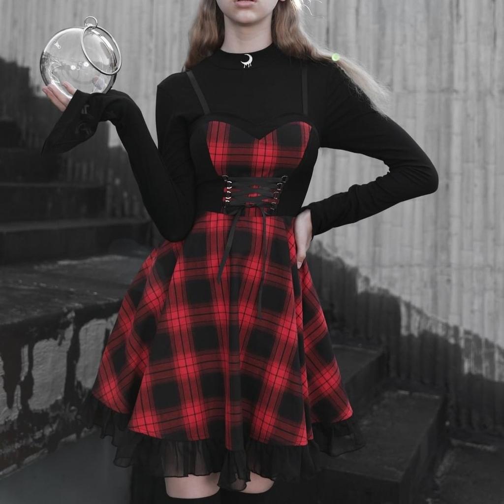 Buy Gothic Women Plaid Red Strap Mesh Streetwear A-line Mini Dress at  affordable prices  free shipping, real reviews with photos  Joom