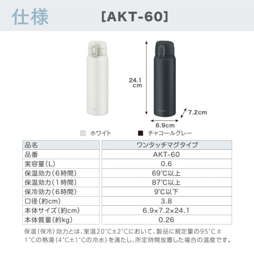 The-peacock Thermos Industry (The-peacock) Peacock Water Bottle, 600ml, Insulated, One-Touch Mug, Thermos Bottle, White, AKT-60 W