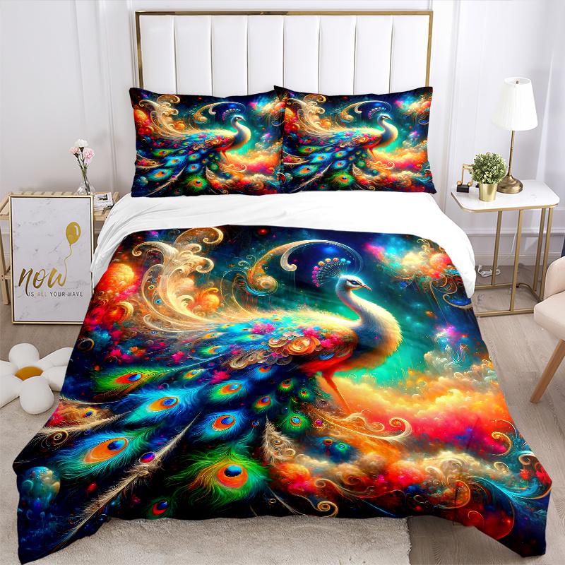 3pcs Peacock in a Vibrant Dreamlike Landscape Pattern Bedding Three-Piece Set (1 Cover + 2 Pillowcases, No Fillings), This Printed Bedding Set Is