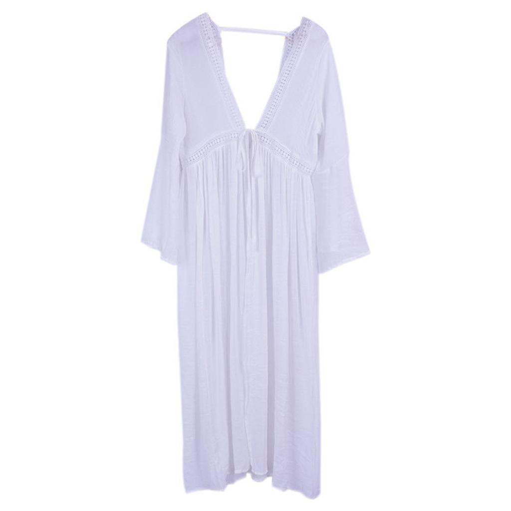 Women's Fashion Bikini Cover Up Slub Bell Sleeve Lace Loose Beach Swimsuit Cover Up