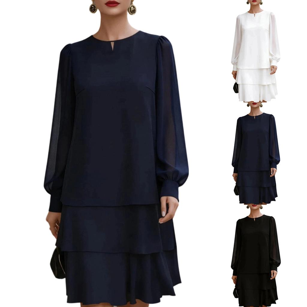 Women's Puff Sleeve Round Neck Dress for Elegant Casual Wear