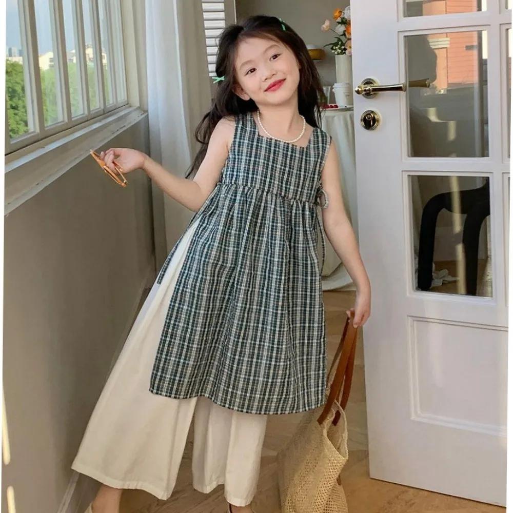 Girls Set Checkered Printed Children s Clothing Summer Blue Sleeveless Top+White Wide Leg Pants 90