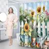 1pc Whimsical Garden Scene Shower Curtain - Blue Watering Cans, Bird, Rooster, Flowers, 70x70", Polyester, 12 Hooks, Washable