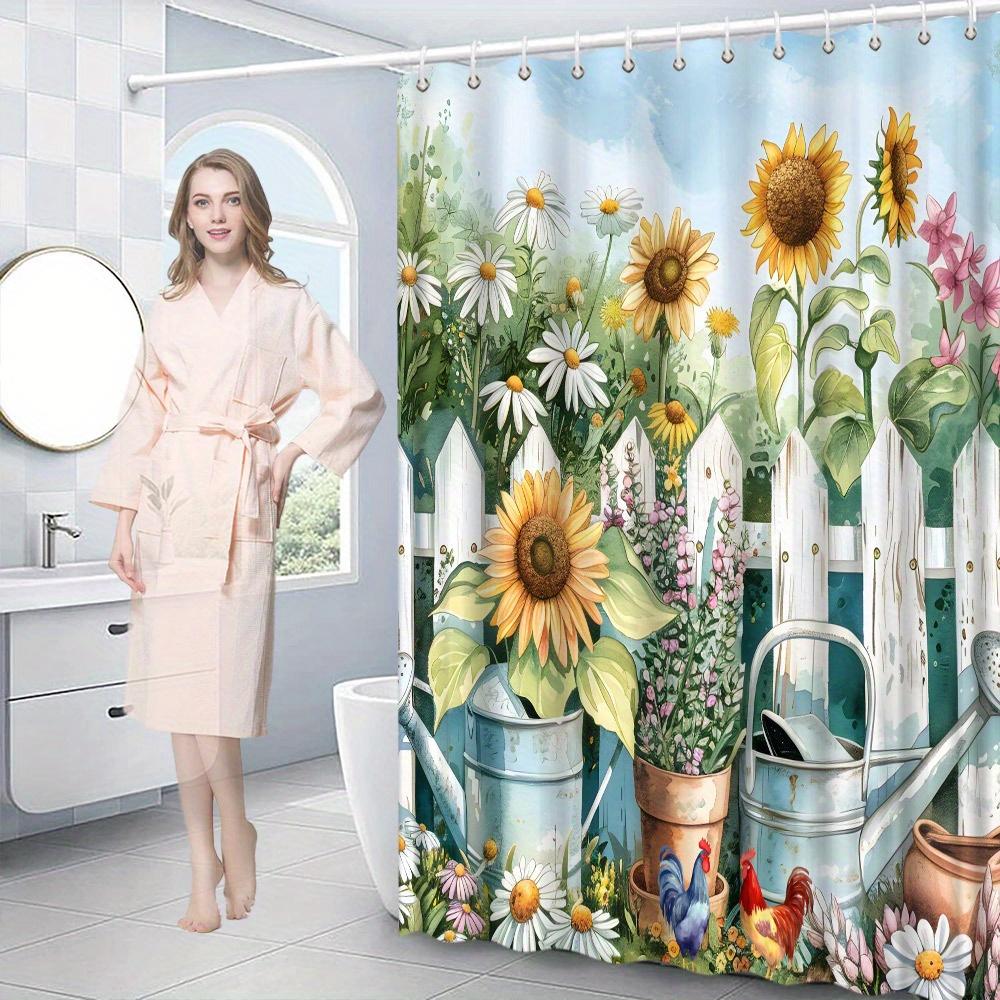 1pc Whimsical Garden Scene Shower Curtain - Blue Watering Cans, Bird, Rooster, Flowers, 70x70", Polyester, 12 Hooks, Washable