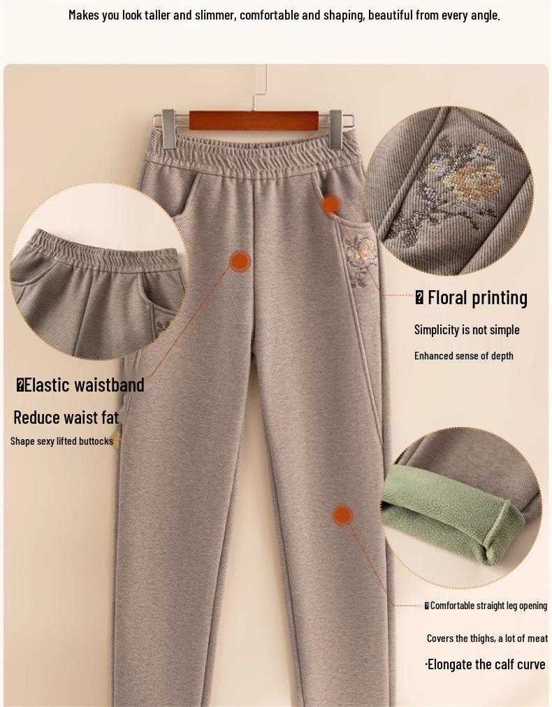 Plus Samt Elastische Taille Gerade Hosen für Mittleren Alters und Ältere Frauen von Mama - Winter Verdickt Lässige Hosen