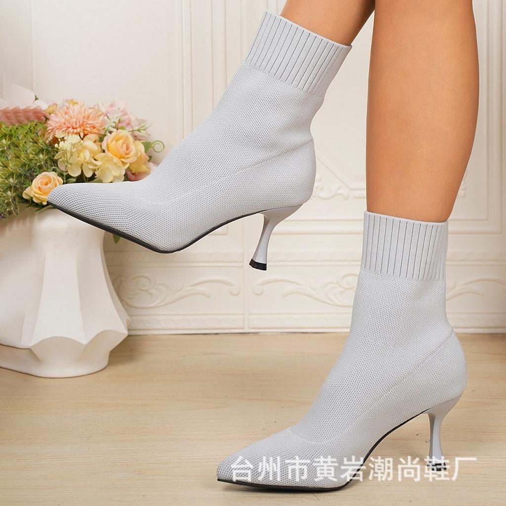 Ladies' Fashionable Knitted Hollow Out High-heeled Short Boots with Elegant Temperament, Soft and Elastic Fabric, Casual and Comfortable Jeans To Wear