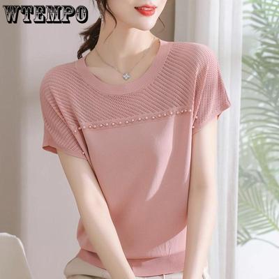 Summer Women's Knitted Shirt Top Short Sleeve Thin Ice Silk T-shirt Versatile and Loose