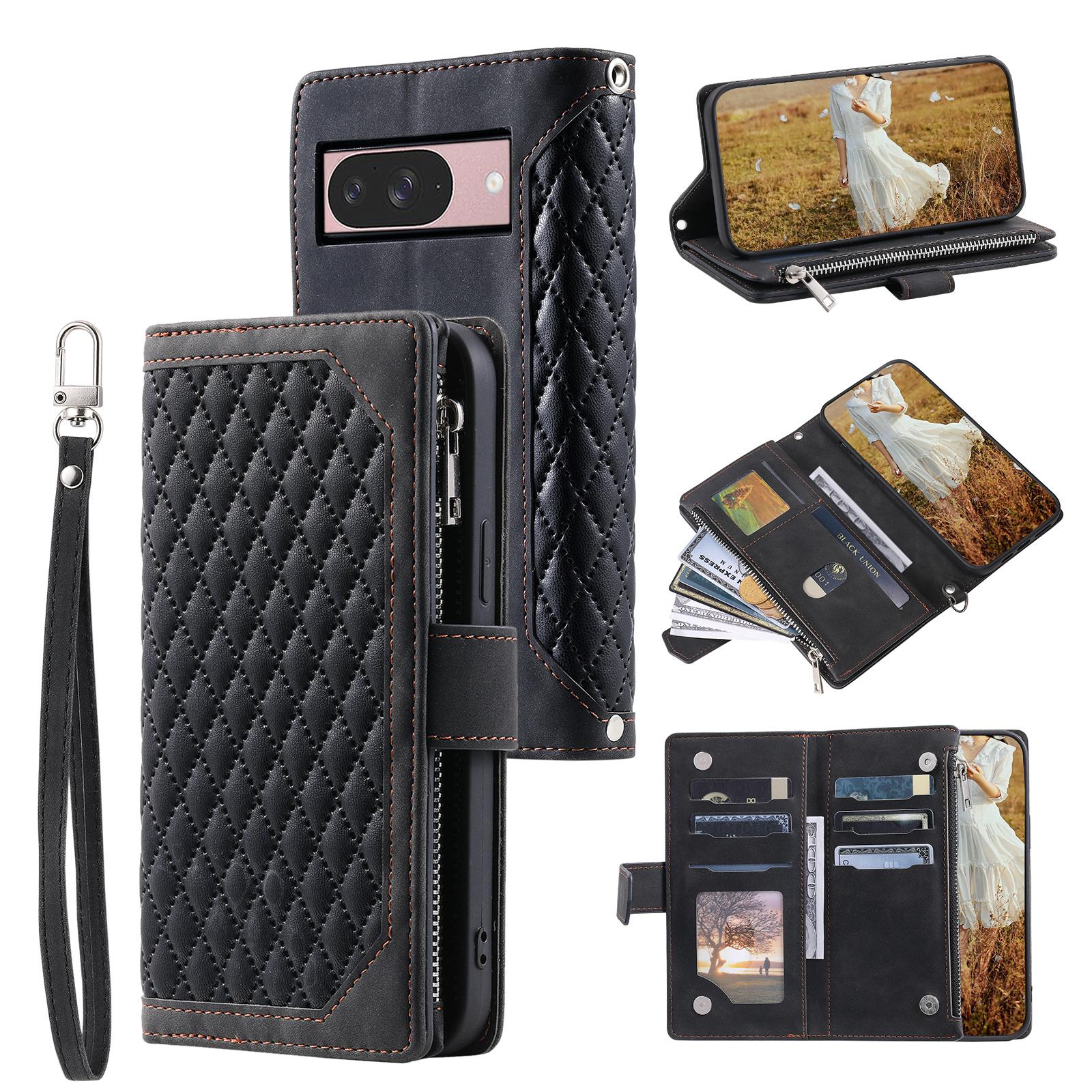 

Style 005 For Google Pixel 10 Pro/Pixel 10 Wallet Case Rhombus Stitching Line PU Leather Phone Cover Black