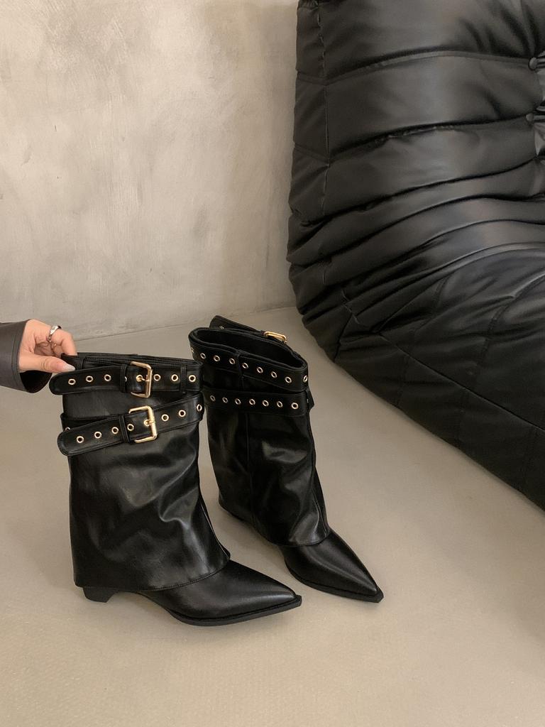 Vintage Belt Buckle Coarse Heel Pants Pile Boots Pointed Mid Tube Western Cowboy Boots