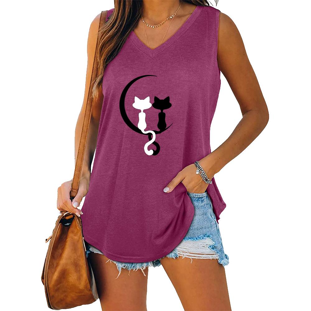

Women Fashion V-neck Sleeveless T-shirt Women Casual Cat Printed Tank Top XXL