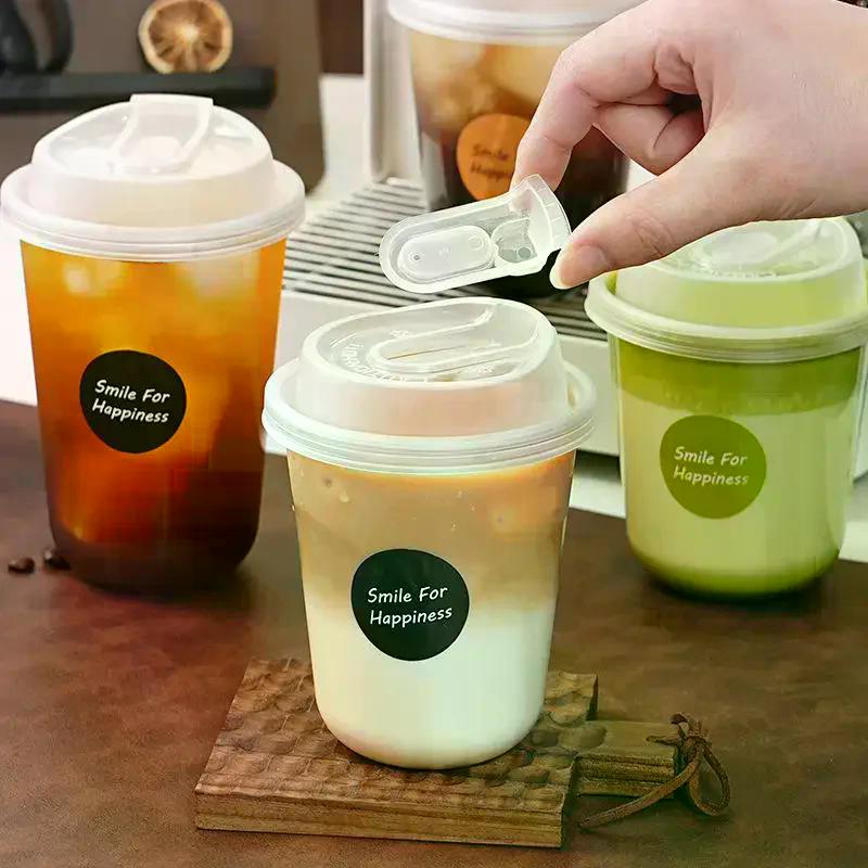 10PCS Transparent Disposable Coffee Cups with Lids U Shape for Hot Drink Milk Tea Takeaway Beverage