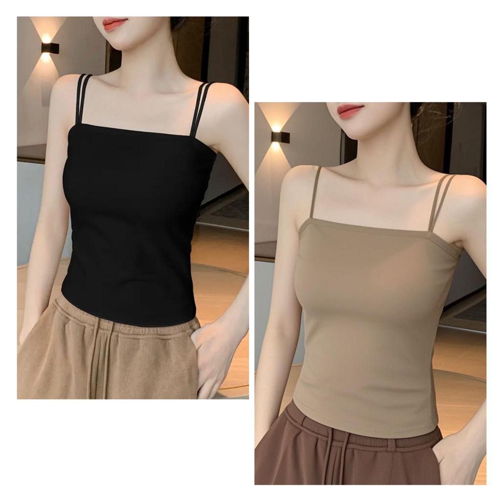 Women's Stylish Double Strap Camisole with Chest Pads - Beautiful Back and Sleeveless Form-Fitting Top