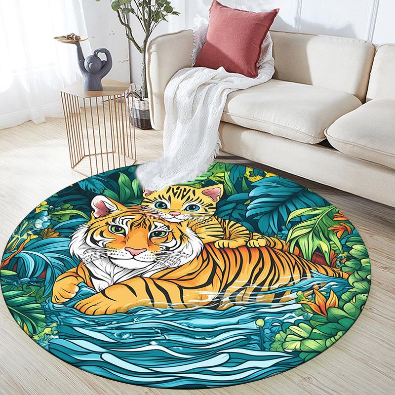 Bamboo Forest Tiger,Round Area Rug,Carpet Rug for Living Room Bedroom Sofa Playroom Decor,Non-slip Floor Mat