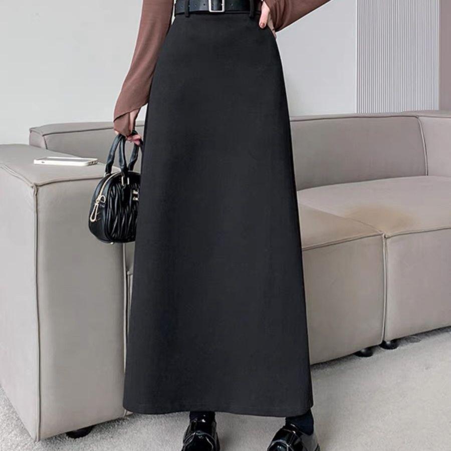 

Women s High-Waist Woolen A-Line Black Skirt - Autumn/Winter Mid-Length, Hip-Hugging Style XL (120-140 jin) чёрный