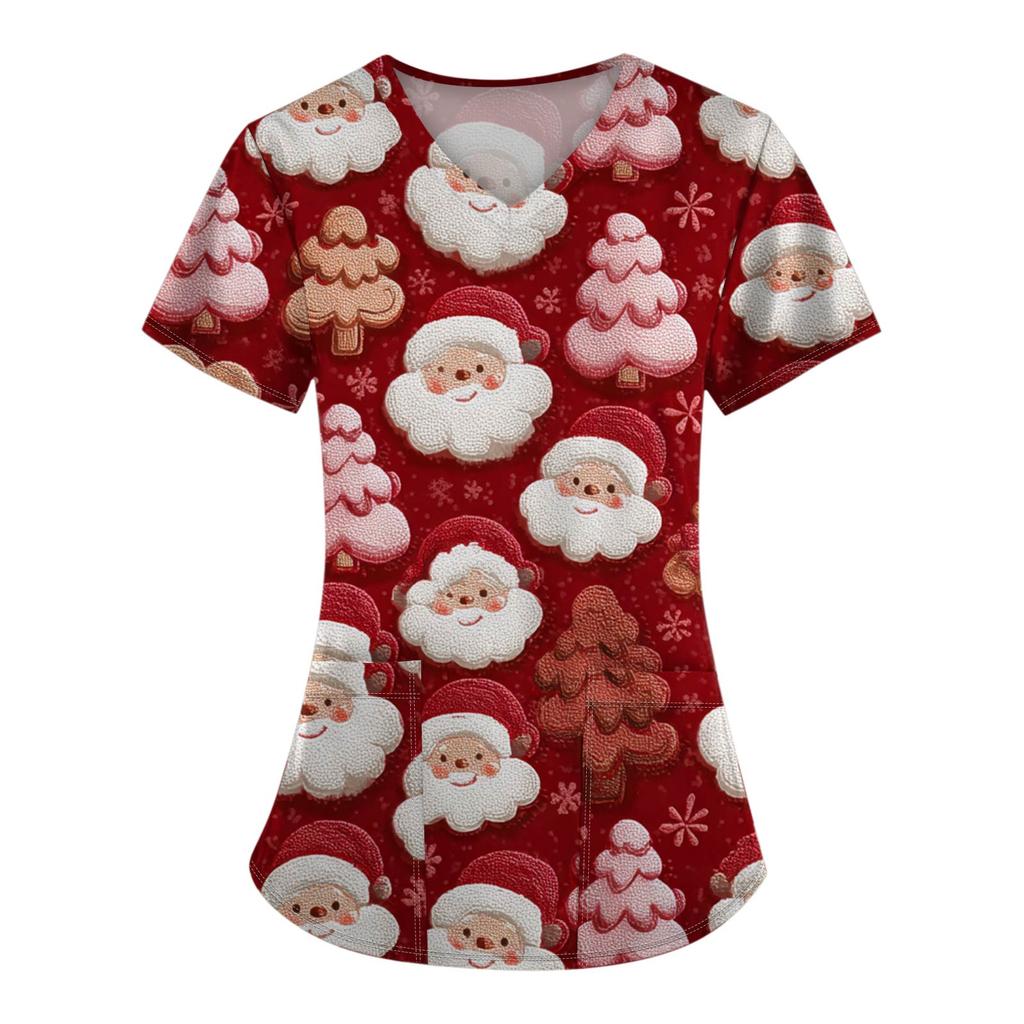 Women's Christmas Printing Short Sleeve V-neck Tops Working Pocket Blouse