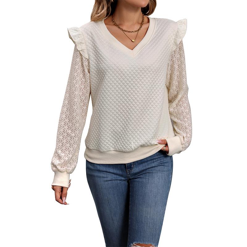 Fashionable and Casual Temperament Autumn Women's Long-sleeved Lace Splicing Solid Color Shirt
