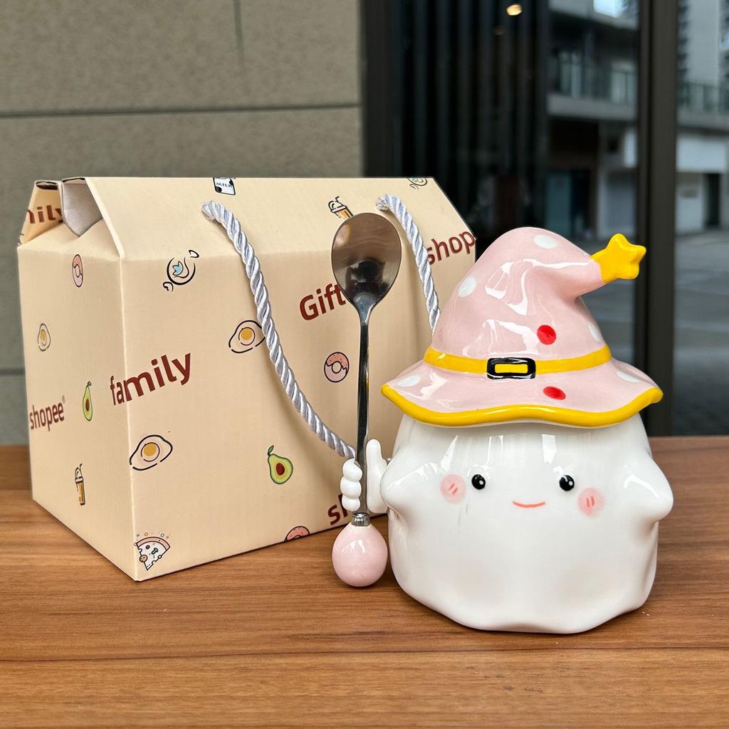 Tag des Lehrers Geschenk Niedlicher Rosa Geist Becher mit Deckel Keramik Wasserbecher Mädchen Geburtstag Praktischer Kreativer Becher