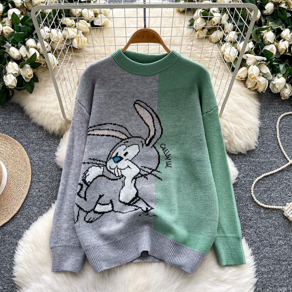 Autumn Winter Women College Style Cartoon Rabbit Knitted Sweater Pullover Tops For Girl
