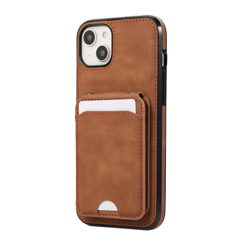 For iPhone 15 Case Card Holder Kickstand Leather + TPU Phone Cover with Shoulder Strap