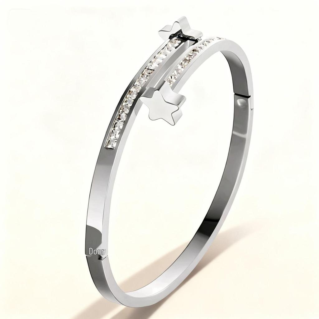 18K Gold Vierblättriges Kleeblatt Diamantbesetztes Öffnungsfähiges Armband - Nicht verblassendes Titanstahl-Armband für Damen, Europäischer & Amerikanischer Modeschmuck.
