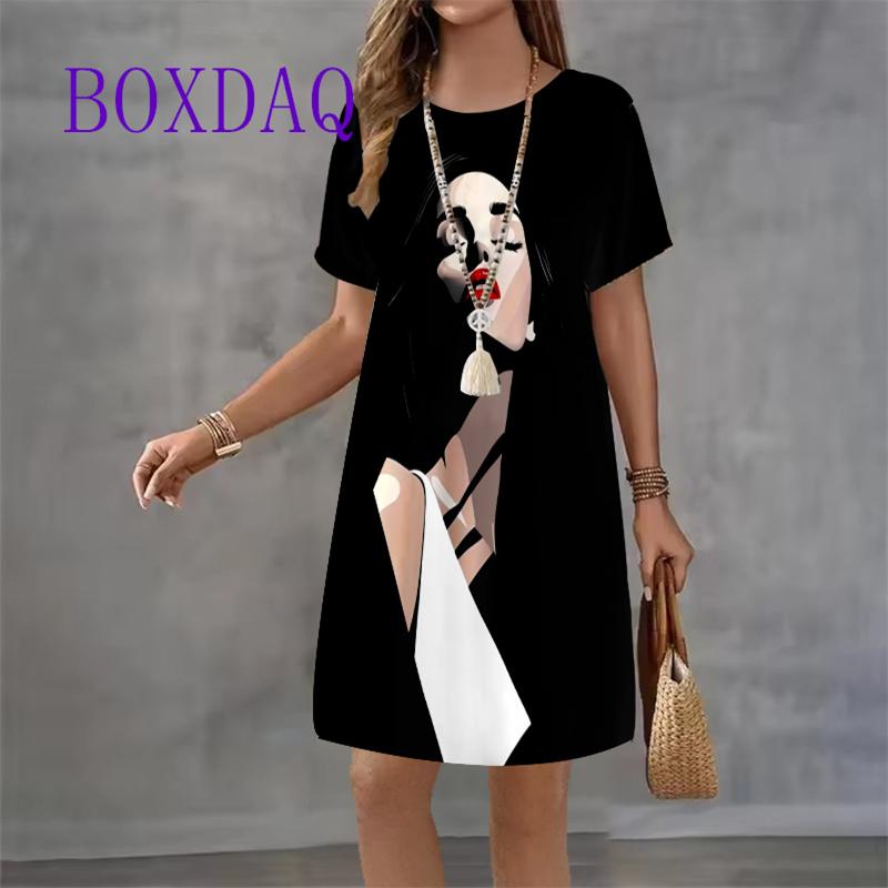 Fashion Black White Portrait Girl Printed Women's Dress 2025 New Summer Sundress Short Sleeve O-neck Loose Casual Mini Dress