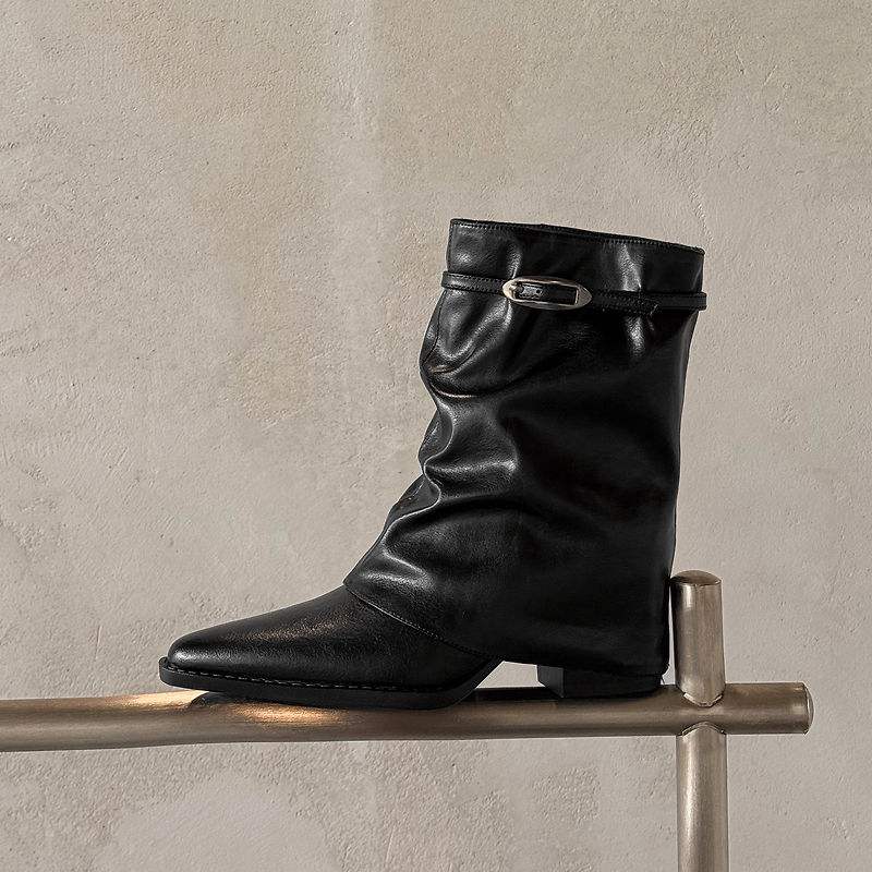 Krazing Pot Cow Skin Winter Square Toe Size 42 Square Heels Metal Buckle Women Zipper Chelsea Boots Women Pleated Decoration Ankle Boots