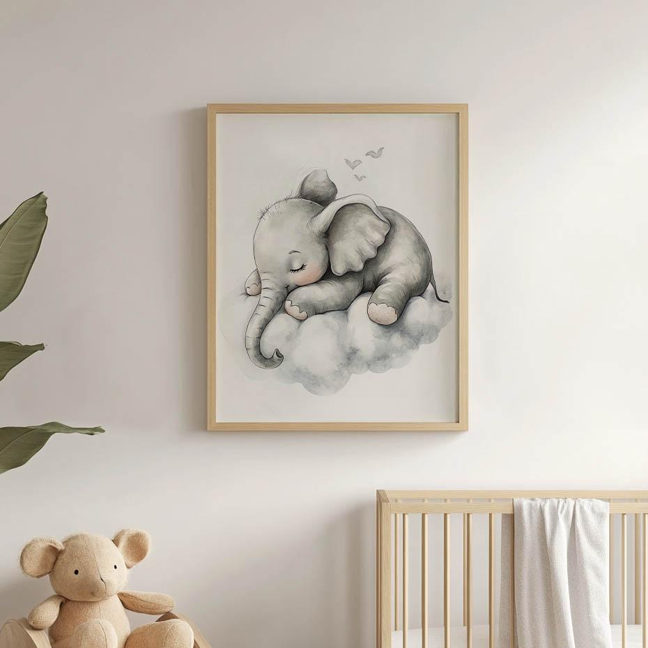 Plakat Senny Słonik Na Chmurze Plakat Senny Słonik Na Chmurze, 40X50 Cm, Rama Aluminiowa Złota, Papier Matowy 230 Gsm