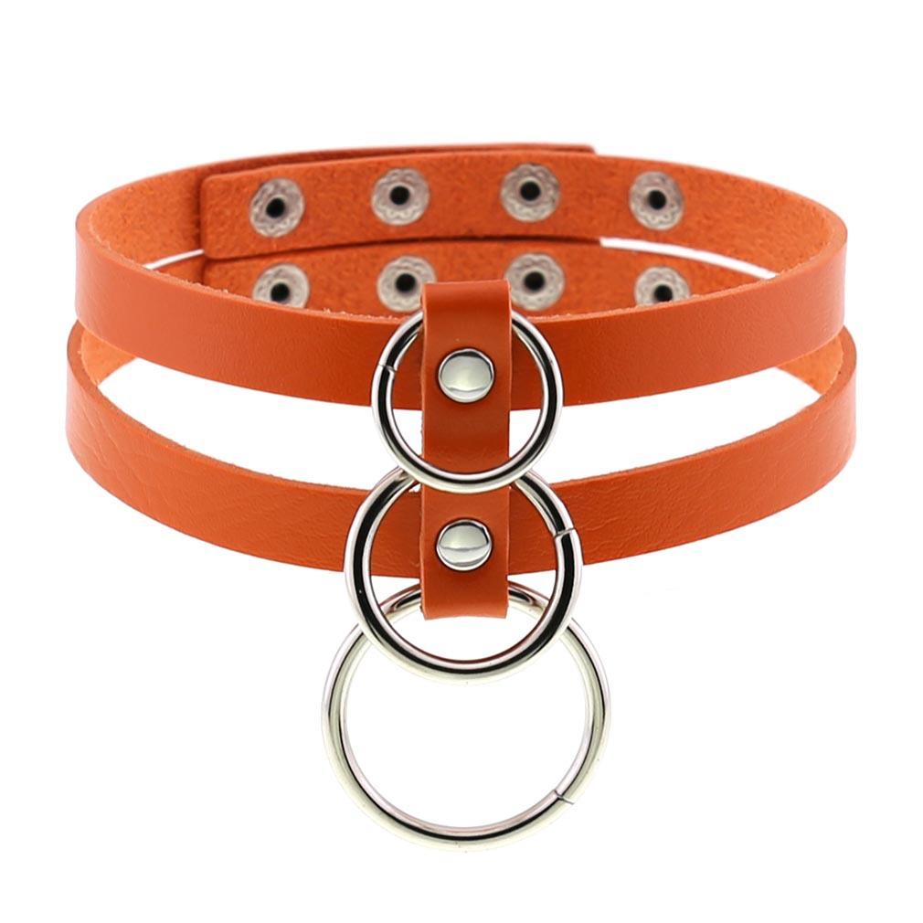 Double Row O-Ring Choker, Punk Two-Row Circular Ring Snap Button Leather Necklace