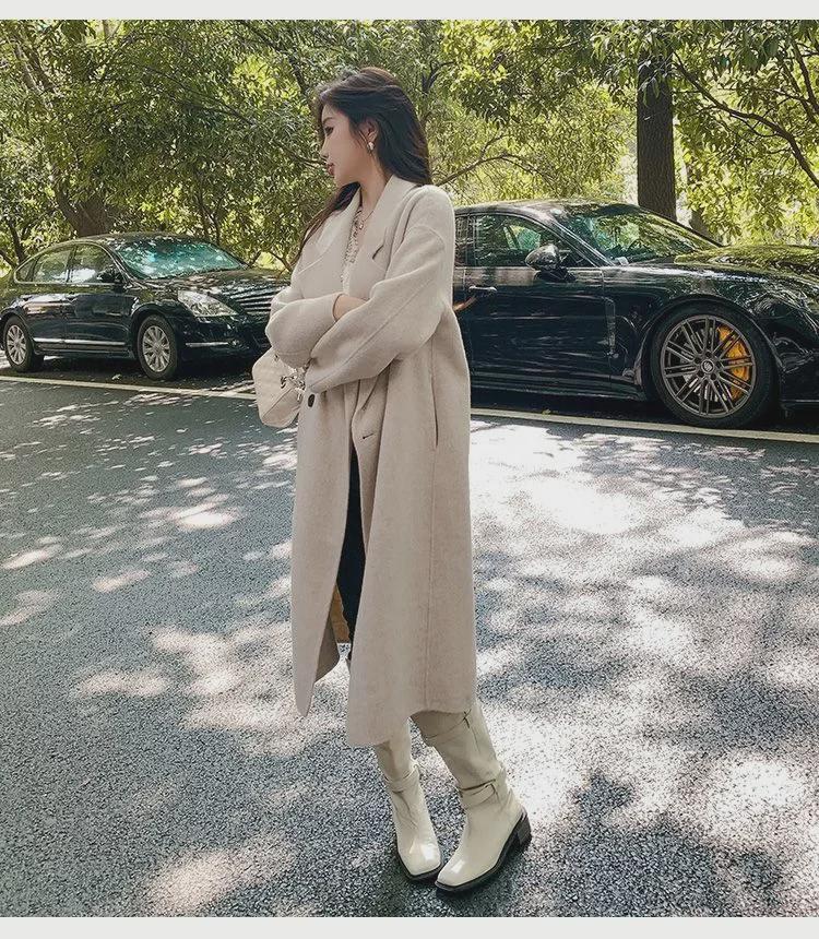 Women's Pink Woolen Mid-Length Loose-Fit Coat - 2023 Autumn/Winter Korean Hepburn Style