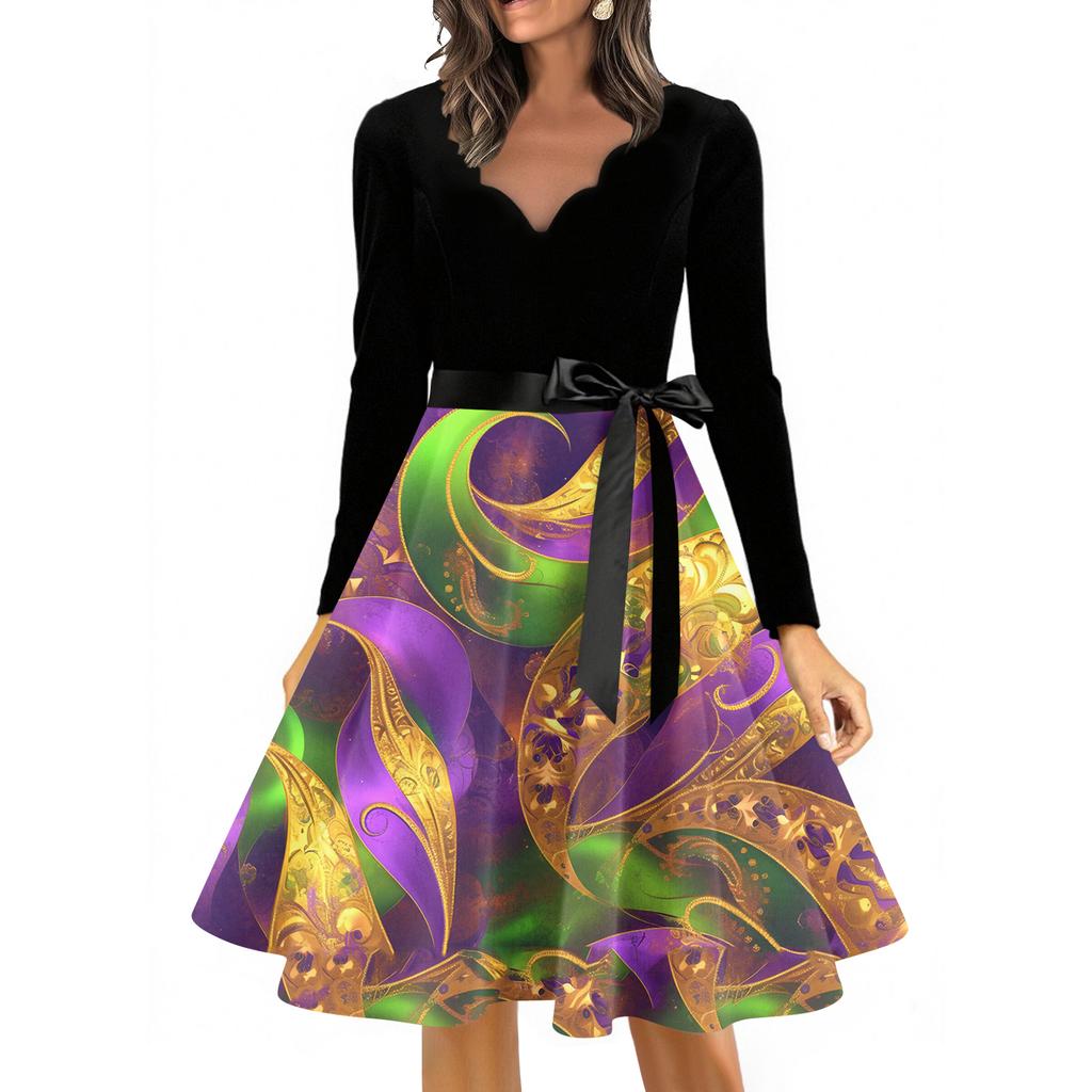 Women's Casual Fashion V Neck Long Sleeve Printed Vintage Long Dress